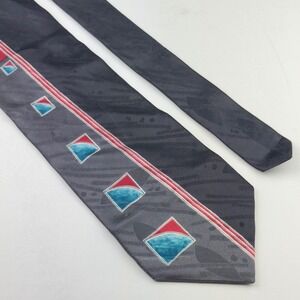 Halston III Mens Silk Tie Gray Black Red Teal Geometric Stripe Italian Silk
